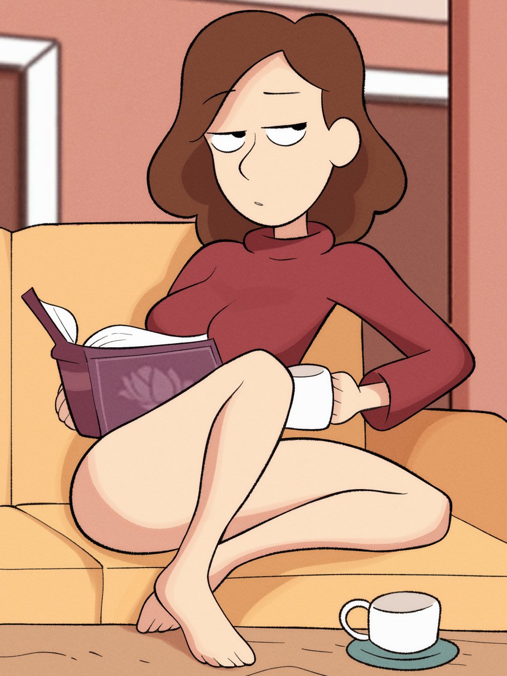 1girl 1girl 1girls bangs barefoot black_eyes blurry book bored bored_expression bottomless breasts brown_hair chair closed_mouth clothing couch cup feet female_only half-closed_eyes hilda_(series) holding holding_book holding_cup indoors jitome johanna_(hilda) legs long_hair long_sleeves looking_to_the_side medium_breasts medium_hair mug newguy1091 open_book reading red_shirt red_sweater sitting sweater toes turtleneck turtleneck_sweater