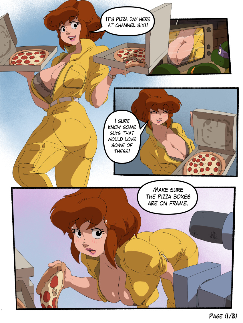 1girl 1girls april_o'neil april_o'neil_(tmnt_1987) big_breasts big_breasts bra breasts brown_hair cleavage clothing comic coolerinker electronics english_text female_focus human inker_comics inkershike jumpsuit page_1 page_number pale_skin teenage_mutant_ninja_turtles television thick_thighs tmnt_1987 unzipped_bodysuit wide_hips wristwear