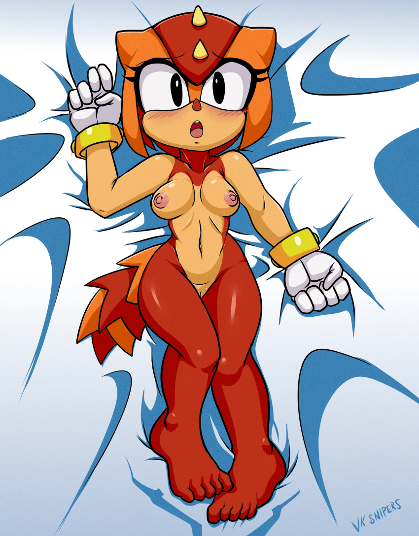 1girl 2023 absurd_res anthro black_eyes blush blush_lines bracelets breasts dakimakura dakimakura_design girdled_lizard gloves high_res laying_down lizard medium_breasts multicolored_tail navel nervous nipples nude open_mouth pink_nipples pussy red_body reptile scalie sega sonic_the_hedgehog_(series) spikes_(anatomy) sungazer_lizard tail trip_the_sungazer vksnipers