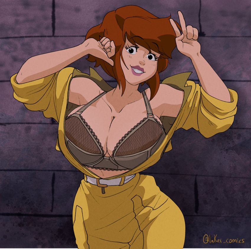 1girl april_o'neil april_o'neil_(tmnt_1987) belt big_breasts bra breasts cleavage clothed exposed_breasts female_only freckles grey_bra huge_breasts inker_comics inkershike jumpsuit open_clothes open_shirt picot_trim picot_trim_bra red_hair short_hair solo_female teenage_mutant_ninja_turtles teenage_mutant_ninja_turtles_(1987) tmnt tmnt_1987 top_heavy v yellow_jumpsuit