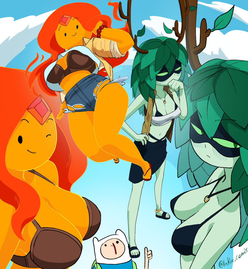 adventure_time bra bracelet breasts brown_bra cleavage finn_the_human fire_humanoid flame_princess gem grin huntress_wizard inkershike jean_shorts jeans ripped_clothes ripped_clothing ripped_jeans ripped_pants sandals shorts size_difference