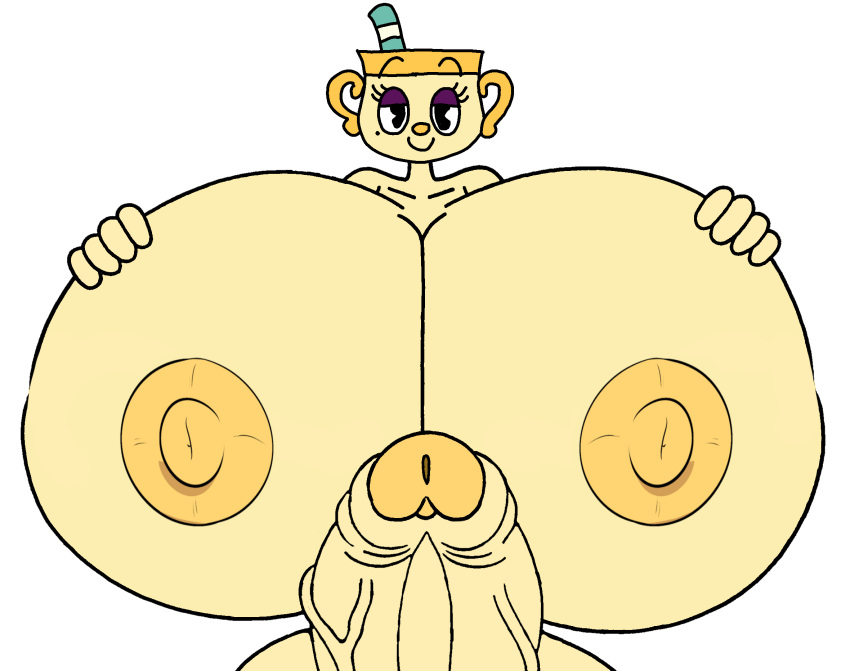 1futa bearfan7634 cuphead_(game) futa_on_femboy futanari grin huge_cock hyper_breasts looking_at_femboy ms._chalice mugman_(character)