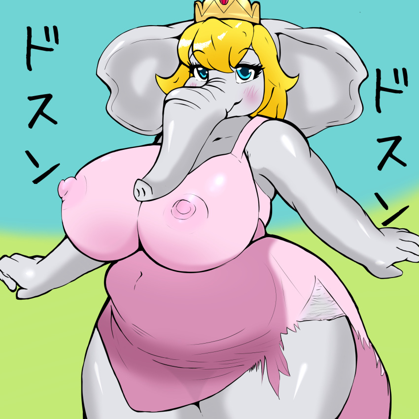 1girl 1girl anthro bedroom_eyes belly big_belly blonde_hair blue_eyes clothing dress elephant elephant_peach elephantid eyebrows gold_crown grey_body grey_skin hair high_res japanese_text mammal mario_(series) narrowed_eyes navel nintendo nipple_outline nipples overweight overweight_anthro overweight_female princess_peach proboscidean seductive super_mario_bros._wonder text thick_thighs tonbi torn_clothing torn_dress translation_request