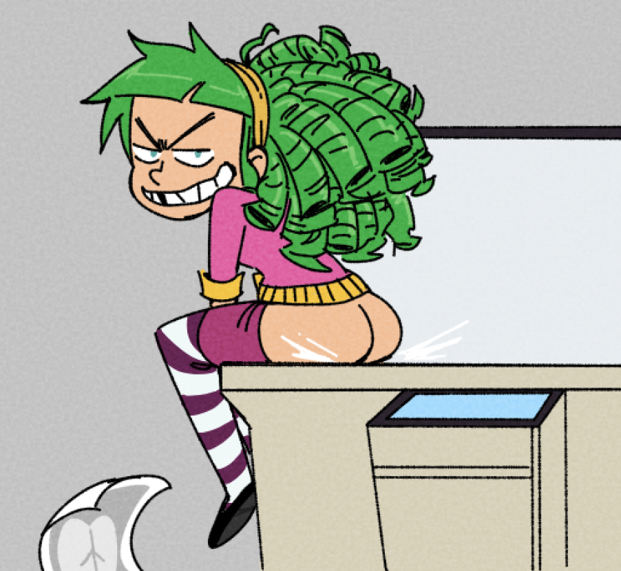 1girl ass bottomless fh gertrude_(i_hate_fairyland) green_hair i_hate_fairyland image_comics photocopying_butt prank printer skirt_down smile solo_female solo_focus stockings