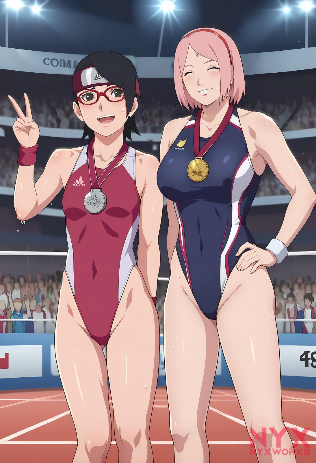 2girls bare_legs big_breasts black_hair boruto:_naruto_next_generations gold_medal grey_eyes leotard milf mother_&_daughter naruto nyxworks_(artist) pink_hair sakura_haruno sarada_uchiha silver_medal small_breasts tagme