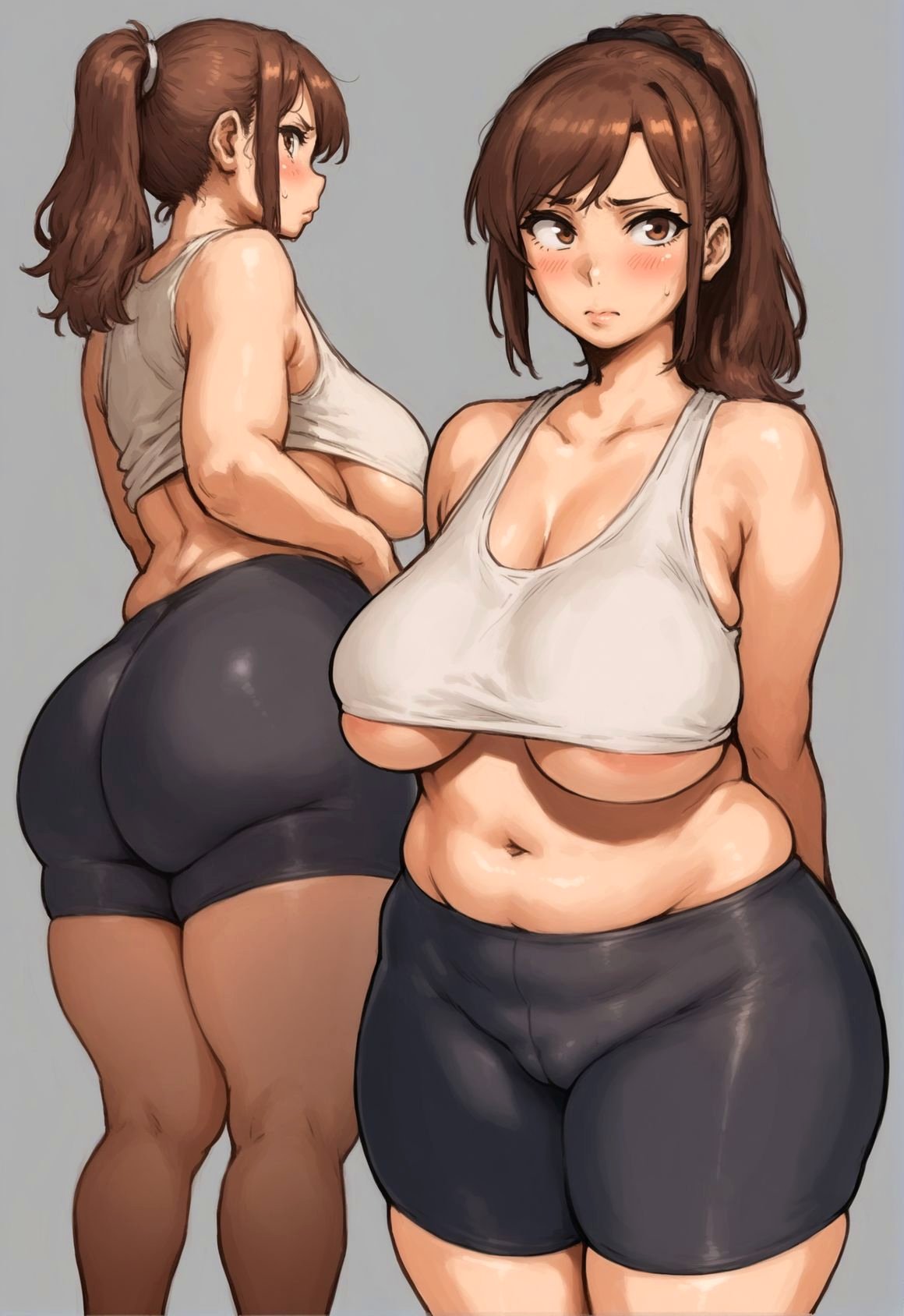 1girl ai_generated ass azuma_hisato big_ass big_breasts breasts brown_hair cameltoe dat_ass fat_ass fat_butt female_only high_res himawari_wa_yoru_ni_saku hpeq huge_ass light-skinned_female light_skin looking_at_viewer pale-skinned_female ponytail solo_female standing takeda_hiromitsu thick_thighs thighs under_boob white_skin