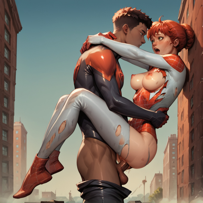 1boy 1boy1girl 1girl ai_generated breasts breasts_out building buildings costume_damaged hands_around_neck interracial interracial_sex leg_lock legs_lift legs_lifted legs_up looking_at_another looking_at_partner marvel marvel_comics mary_jane_watson miles_morales open_mouth outdoor_sex outside pants_down penis_in_pussy spider-man spider-man_(series) spinneret_(mary_jane_watson) superhero superheroine themerchant69 trees unmask unmasked wall wall_(structure) windows