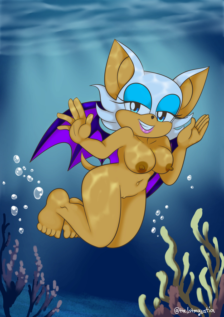 1girl anthro barefoot bat big_breasts breasts female freediving furry navel nipples nude ocean pussy rouge_the_bat sea sega skinny_dipping solo sonic_(series) sonic_the_hedgehog_(series) swimming the1stmoyatia underwater water