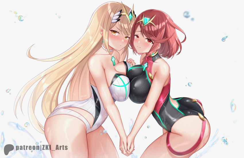 2_girls ahoge alluring ass bare_shoulders big_breasts bikini blonde_hair blush breast_press circlet leaning leaning_forward long_hair looking_at_viewer multiple_girls mythra mythra_(radiant_beach)_(xenoblade) one-piece_bikini orange_eyes pin_up pyra pyra_(pro_swimmer)_(xenoblade) red_eyes red_hair short_hair sideboob smile swimsuit symmetrical_docking very_long_hair xenoblade_(series) xenoblade_chronicles_2 z-ki