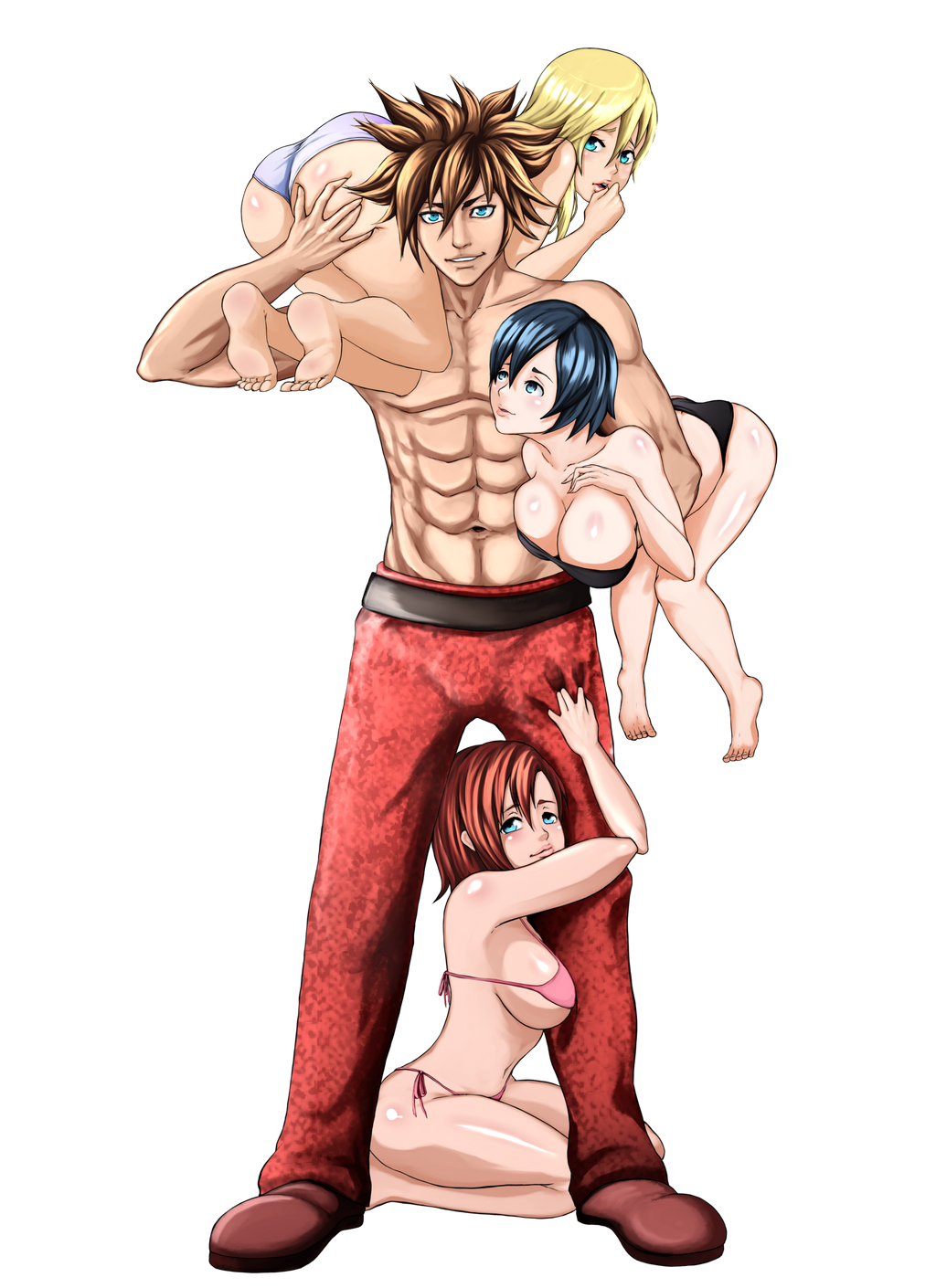 1boy 3_girls abs alluring alpha_male athletic_male beefcake big_breasts bikini black_hair blonde_hair blue_eyes brown_hair carrying_person carrying_two_people clinging commission fit_male groping handsome harem harem_girl hunk kairi kingdom_hearts l-nahuel lifting_person male medium_hair multiple_girls muscular_male namine pimp red_hair salaiix second-party_source sora spiky_hair xion