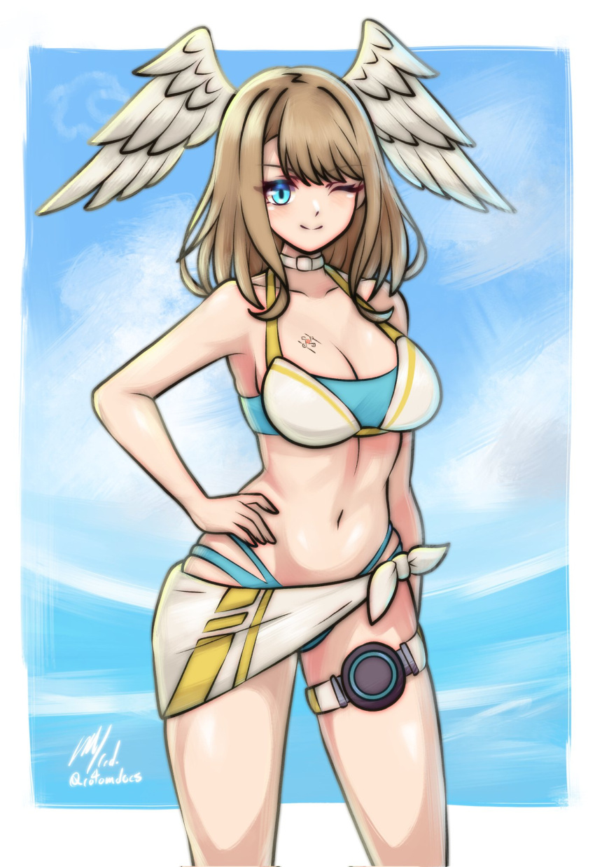 1girl 1girl 1girl alluring angel_wing_headdress big_breasts bikini blue_eyes breast_tattoo brown_hair cleavage eunie_(xenoblade) female_only nintendo one_eye_closed rotomdocs swimsuit xenoblade_(series) xenoblade_chronicles_3