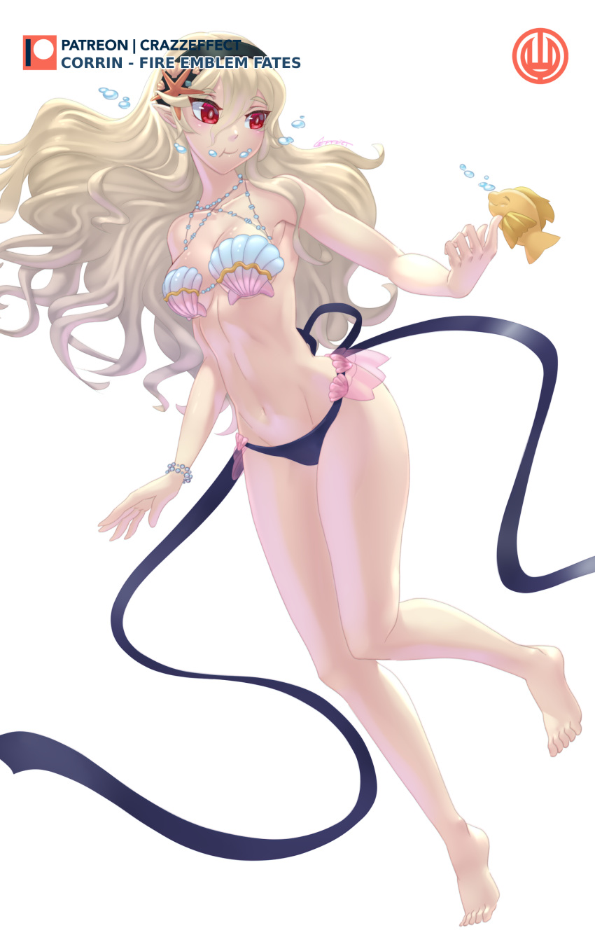 1girl alluring alternate_costume bare_legs barefoot big_breasts blonde_hair corrin_(fire_emblem) corrin_(fire_emblem)_(female) crazzeffect female female_only fire_emblem fire_emblem_cipher fire_emblem_fates fish hairband legs long_hair nintendo official_alternate_costume pointy_ears shell_bikini sideboob solo swimming underwater