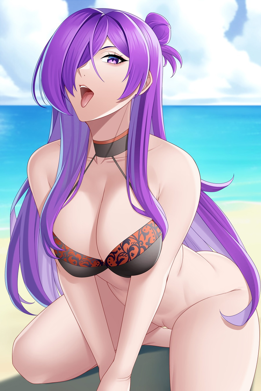 1girl alluring aslind_samure aslindsamure bare_legs beach big_breasts bikini bikini_top_only blue_sky cleavage female_only fire_emblem fire_emblem_heroes fire_emblem_warriors:_three_hopes naked_from_the_waist_down ocean on_knees open_mouth purple_eyes purple_hair pussy shez_(fire_emblem) shez_(fire_emblem)_(female) shez_(summer)_(fire_emblem)