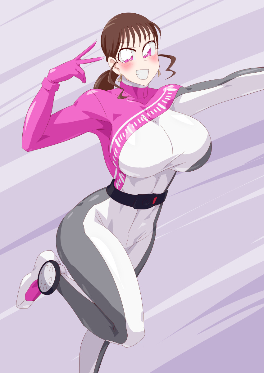 1girl alluring bakuage_sentai_boonboomger big_breasts brown_hair no_helmet otokam1117 pink_eyes shifuto_mirai skinsuit super_sentai