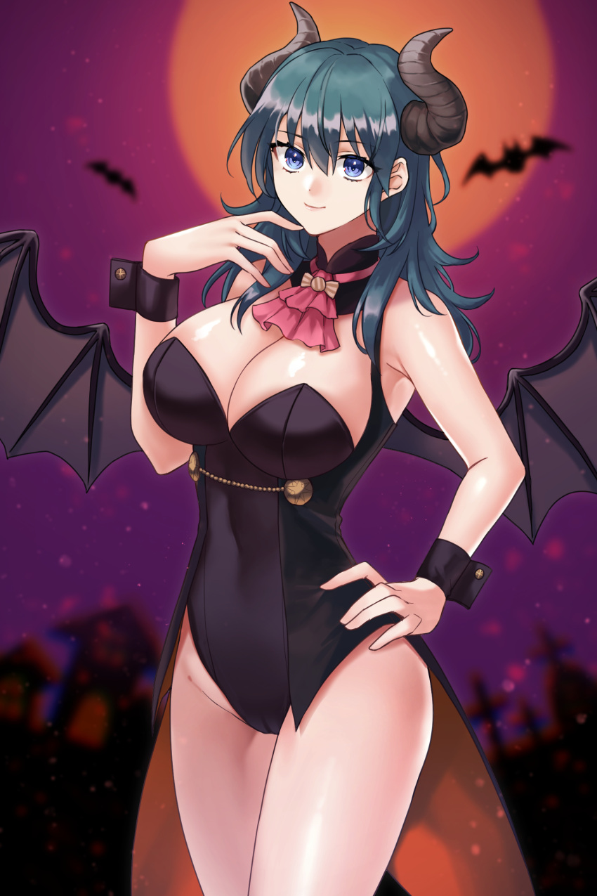 1girl alluring bat_wings big_breasts blue_eyes byleth_(fire_emblem) byleth_(fire_emblem)_(female) cleavage female_only fire_emblem fire_emblem:_three_houses halloween hazuki_(nyorosuke) horns nintendo nyoro seductive teal_hair