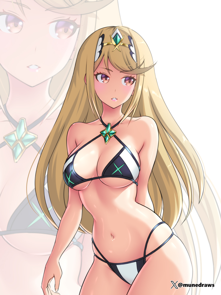 1girl alluring big_breasts bikini blonde_hair cleavage core_crystal female_only mune mythra nintendo pin_up underboob xenoblade_(series) xenoblade_chronicles_2