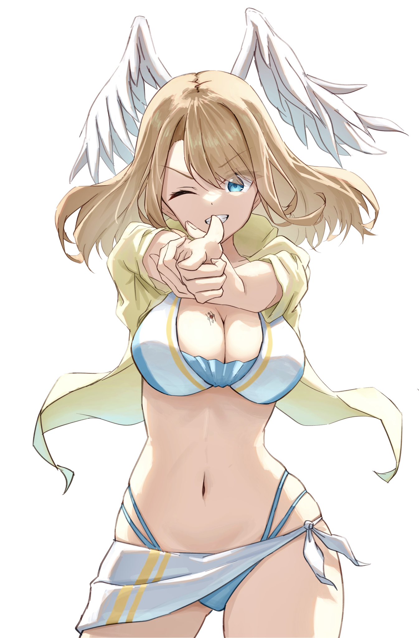 1girl alluring big_breasts bikini blue_eyes breast_tattoo brown_hair cleavage eunie_(xenoblade) finger_gun grin head_wings high_res jacket long_hair looking_at_viewer navel okazu2010015 one_eye_closed open_clothes open_jacket sarong smile swimsuit tattoo white_background white_sarong wings xenoblade_(series) xenoblade_chronicles_3