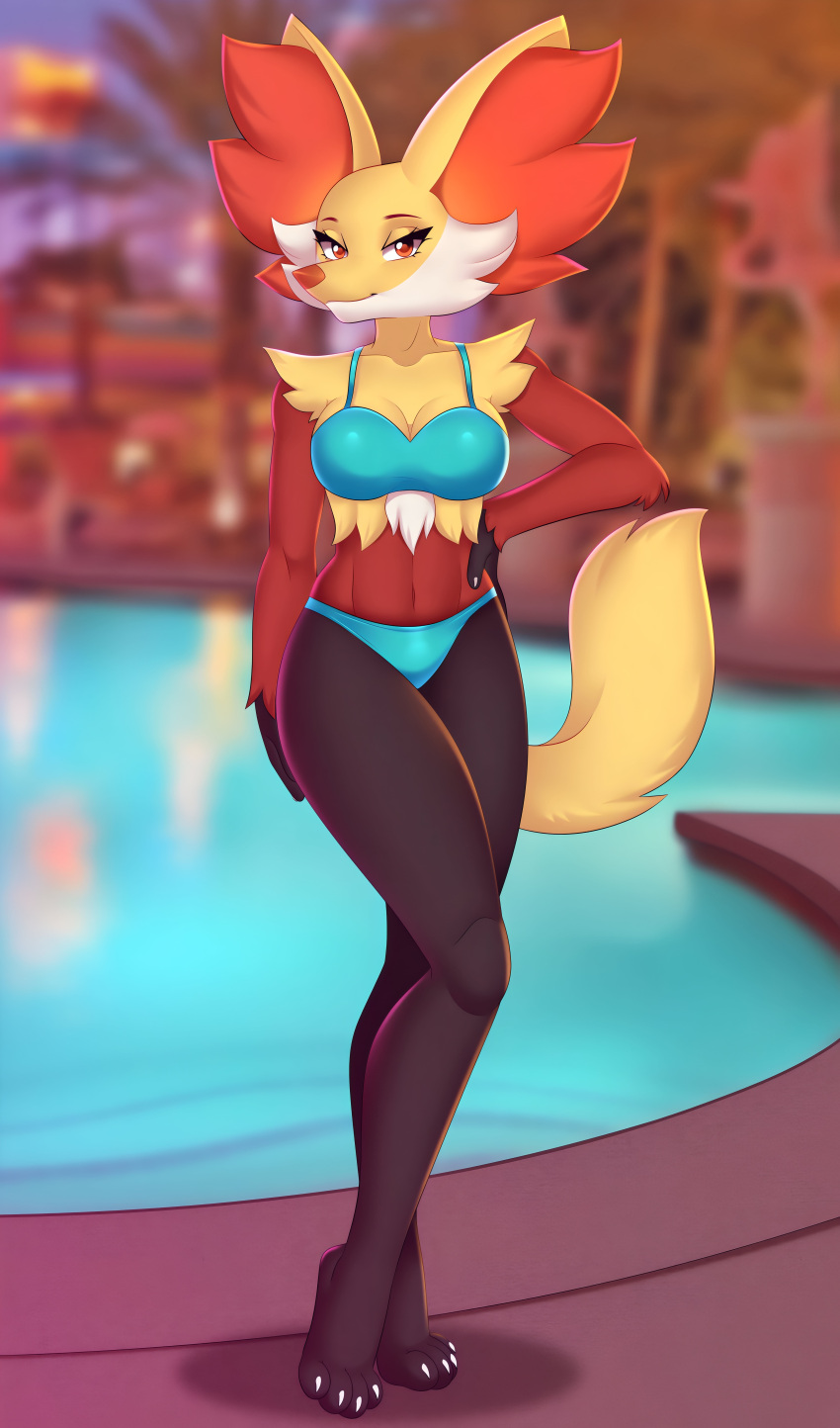 1girl artiskarushi big_ass big_breasts bikini braixen cute fluffy_ears fluffy_tail fox long_ears pool posing red_skin seductive tail yellow_skin