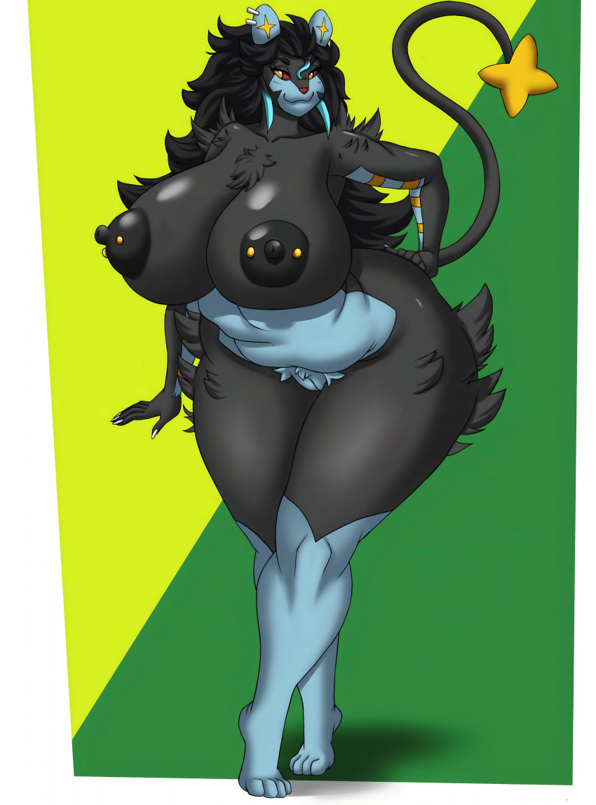 1girl big_ass big_breasts black_fur black_hair blue_skin deadpliss earrings feline ipan long_hair luxray milf nipple_piercing posing seductive tail thick