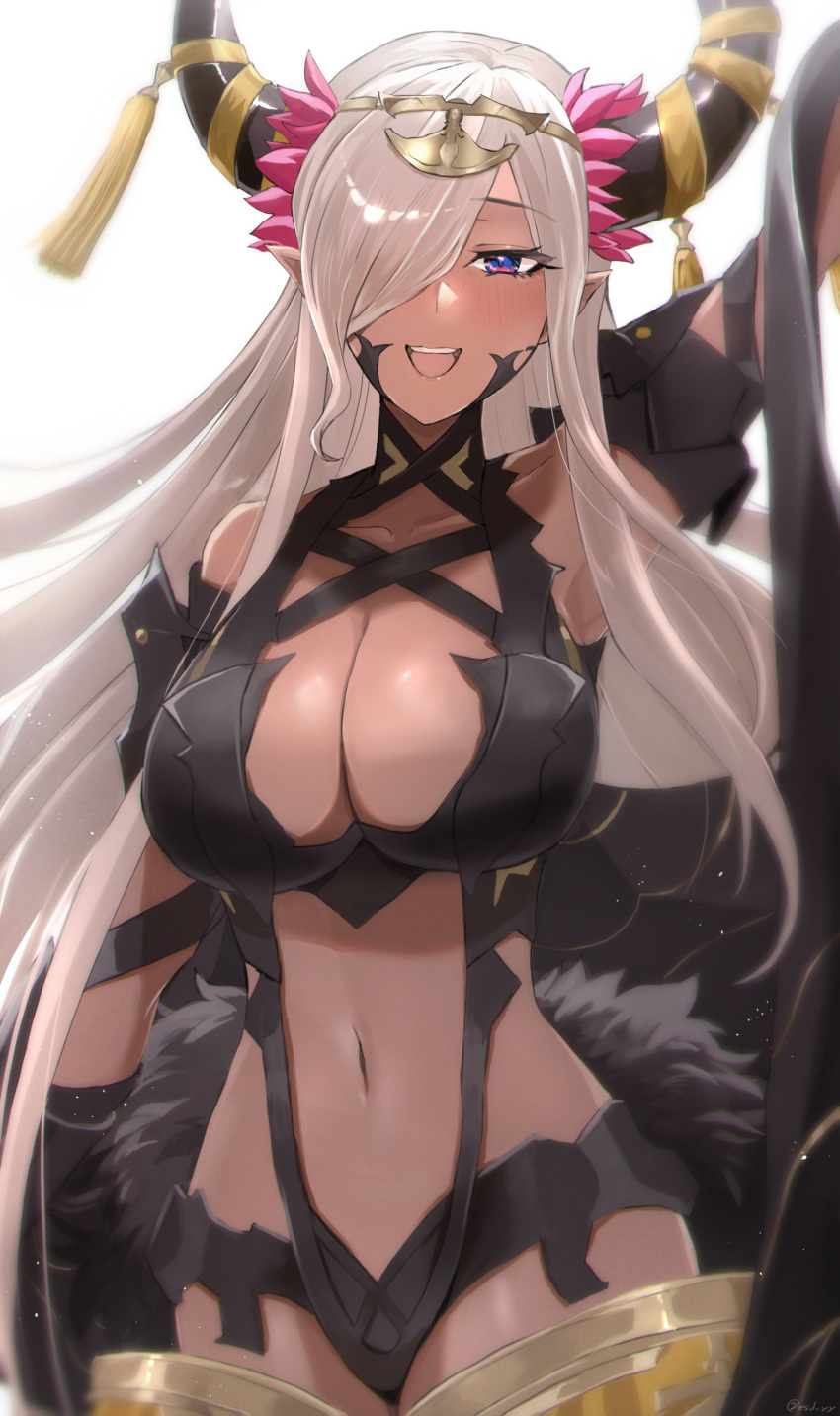 1girl :d alluring bare_shoulders big_breasts cleavage commentary_request cowboy_shot dark-skinned_female dark_skin esuda0919 female_only fire_emblem fire_emblem_engage hair_over_one_eye high_res horns long_hair looking_at_viewer midriff navel nintendo open_mouth pointy_ears purple_eyes simple_background smile standing stomach very_long_hair white_background white_hair zelestia_(fire_emblem)