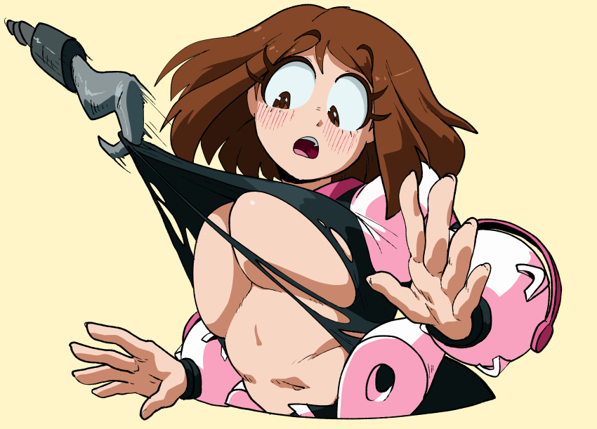 1girls assisted_exposure big_breasts blush bodysuit brown_eyes brown_hair chubby coolerinker exposed_breasts hero_outfit_(mha) hook inker_comics inkershike midriff my_hero_academia navel no_bra ochako_uraraka pulling_clothing short_hair slightly_chubby surprised topless torn_bodysuit torn_clothes under_boob wardrobe_malfunction