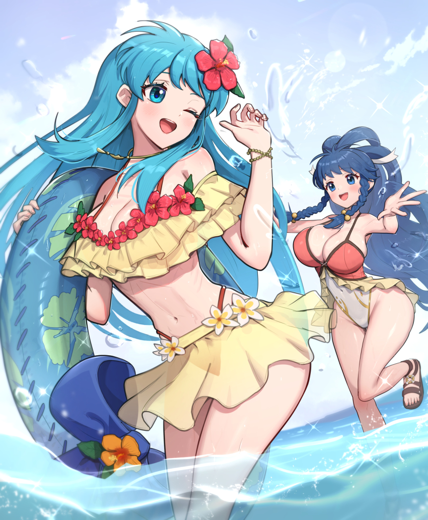 2_girls absurd_res alluring big_breasts bikini blue_eyes blue_hair blush bracelet braid casual_one-piece_swimsuit cleavage commentary_request day eirika_(fire_emblem) eirika_(summer)_(fire_emblem) feet fire_emblem fire_emblem:_the_sacred_stones fire_emblem_heroes flower gonzarez hair_flower hair_ornament high_res highleg highleg_bikini highleg_one-piece_bikini innertube jewelry long_hair medium_breasts multiple_girls navel nintendo ocean off-shoulder_bikini off_shoulder official_alternate_costume one-piece_bikini one_eye_closed open_mouth outside pearl_bracelet red_bikini red_flower sandals see-through_clothes see-through_skirt skirt smile sparkle splashing standing standing_on_one_leg swim_ring swimsuit tana_(fire_emblem) tana_(noble_and_nimble)_(fire_emblem) teeth toes tongue twin_braids upper_teeth_only very_long_hair wading water white_one-piece_bikini yellow_bikini yellow_skirt