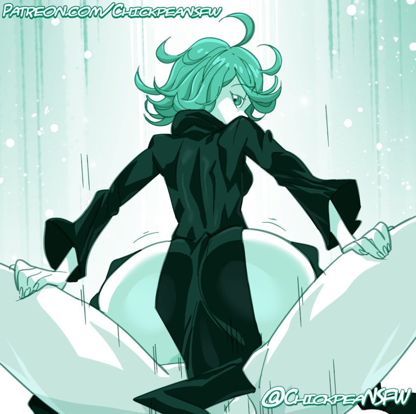 1boy 1girl 2023 anal anal_sex ass chickpea clothed_female_nude_male clothed_sex green_background green_theme looking_at_viewer looking_over_shoulder male male/female monochrome one-punch_man pov short_hair simple_background straight tatsumaki