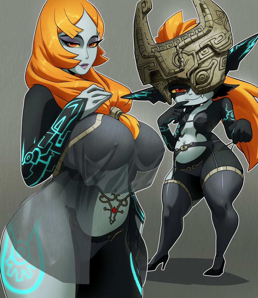 1girl 1girl 1girls 2_girls ass big_breasts black_footwear black_skin blue_skin breasts clothing colored_sclera colored_skin coolerinker dual_persona fang full_body garter_belt goblin_female grey_background headwear helmet high_heels huge_breasts humanoid imp imp_midna inker_comics inkershike jewelry legwear lingerie lips long_hair looking_at_viewer makeup mask midget midna multicolored_skin navel nipples one_eye_covered orange_eyes orange_hair plump pointed_ears red_eyes see-through shortstack simple_background smile smug standing tattoo the_legend_of_zelda thick_thighs thighs twili twili_midna twilight_princess two-tone_skin underwear wide_hips yellow_sclera