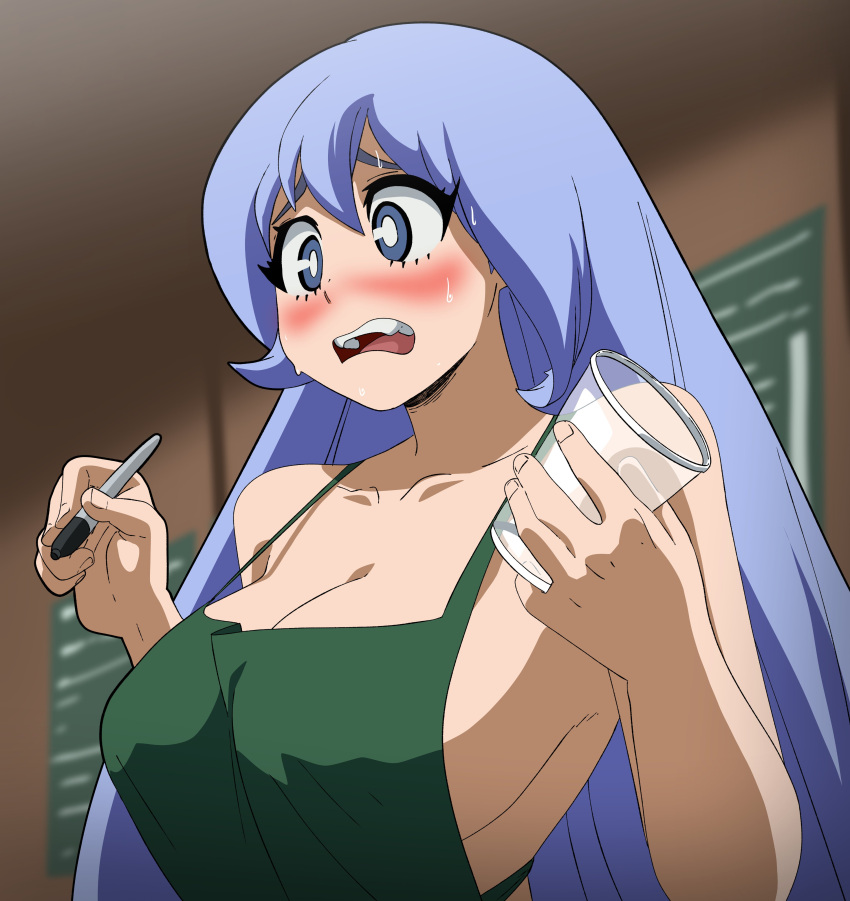 1girl 1girl 1girls absurd_res apron apron_only big_breasts big_breasts big_breasts blue_eyes blue_hair blush blush breasts cleavage clothed clothed_female clothes clothing coffee_shop coolerinker embarrassed eyelashes front_view green_apron hadou_nejire hair high_res holding_cup holding_object holding_pen human iced_latte_with_breast_milk inker_comics inkershike light-skinned_female light_skin long_hair menu menu_board my_hero_academia nejire_hado nervous nervous_sweat open_mouth pen sharpie sweat sweatdrop teeth tongue upper_body