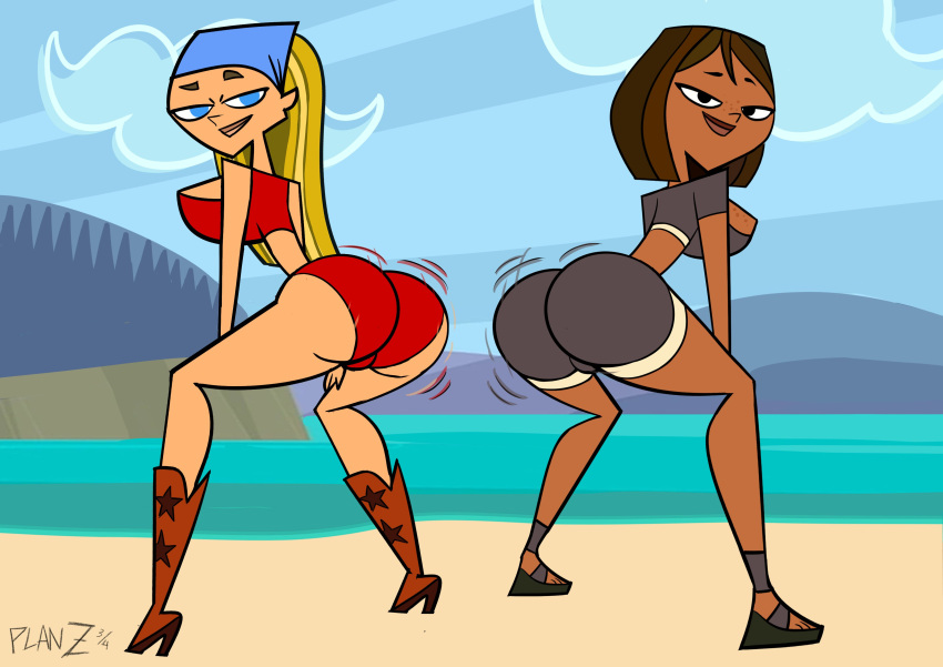 1girl 2021 2_girls accurate_art_style action_lines artist_signature ass ass_shake beach bedroom_eyes big_ass big_breasts blonde_hair booty_shorts bouncing_ass breasts brown_skin camp_wawanakwa courtney_(tdi) cowboy_boots dark-skinned_female dark_hair duo fat_ass fat_ass_teen female_only freckles freckles_on_breasts grey_shorts grey_topwear high_heel_boots high_heels high_res light-skinned_female lindsay_(tdi) looking_at_viewer motion_lines ocean outdoor outside planz34 red_panties red_topwear sand shaking shaking_ass shaking_butt smooth_skin standing staring_at_viewer tanned_skin teen teenage_girl total_drama_island twerking white_skin yellow_hair