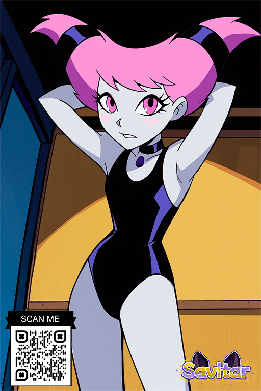 1girl armpits arms_behind_head arms_up black_one-piece_swimsuit blush_stickers breasts choker clothing colored_skin female_only grey_skin jinx_(dc) jinx_(teen_titans) littlehentai looking_at_viewer one-piece_swimsuit parted_lips pink_eyes pink_hair savitar short_hair small_breasts swimsuit teen_titans tied_hair white_skin