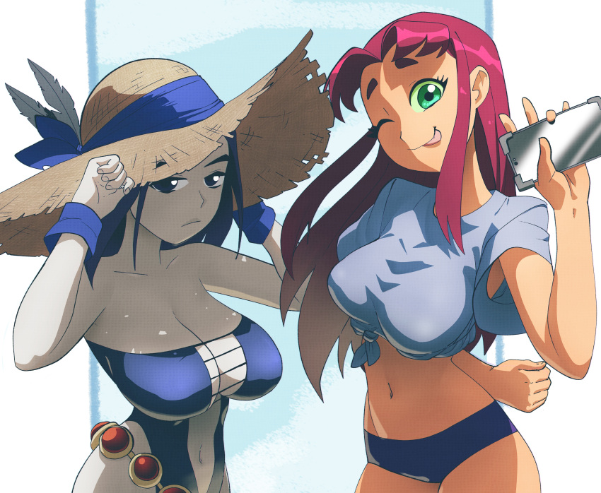 2_girls big_breasts bikini breasts cartoon_network coolerinker dc_comics dc_comics female_only hat inker_comics inkershike koriand'r peace_sign purple_hair rachel_roth raven_(dc) red_hair starfire straw_hat teen_titans tongue_out wink