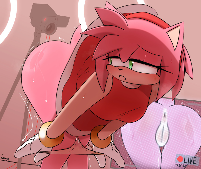 1girl amy_rose anthro anus ass big_ass b***d blush bodily_fluids camera censored censored_anus censored_genitalia censored_pussy clothing eulipotyphlan female genitals green_eyes hedgehog high_res lawgx mammal mosaic_censorship panties pussy sega solo sonic_the_hedgehog_(series) sweat sweaty_legs sweaty_thighs underwear video_camera