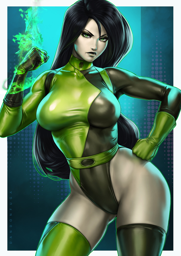 1girl alluring athletic_female big_breasts bodysuit boots cleavage clothing dandon_fuga disney female_only fit_female footwear gloves handwear kim_possible leotard looking_at_viewer pin_up realistic shego stockings