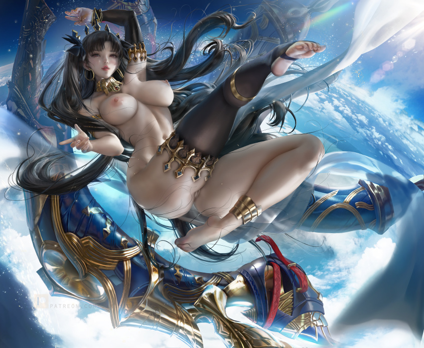 1girl big_breasts brown_hair bubble_butt cleavage fate/grand_order fate_(series) horny inviting_to_sex ishtar_(fate) ishtar_(fate/grand_order) leg_lift legs_up looking_at_viewer naked naked_female nude nude_female pose red_eyes sakimichan shaved_pussy spread_legs stockings teasing thick_thighs