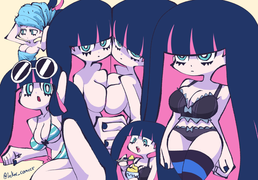 6girls areola areola_slip big_breasts big_breasts black_bra black_panties bow_bra bow_panties bra breasts breasts_to_breasts breasts_together inker_comics inkershike lingerie panties panty_&_stocking_with_garterbelt picot_trim picot_trim_bra picot_trim_panties pink_skin purple_hair stocking_anarchy stockings striped_swimsuit swimsuit towel towel_around_waist towel_on_head twitter_username two-tone_hair underwear