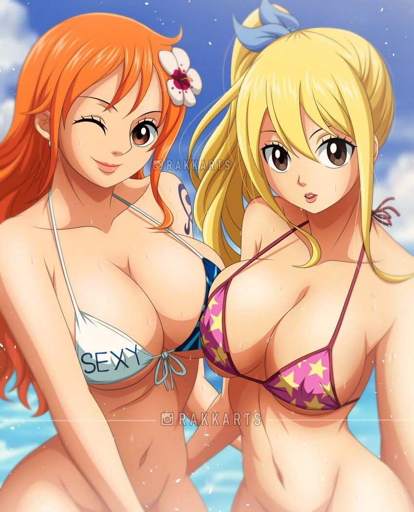 2_girls alluring bare_legs big_breasts bikini bikini_top_only blonde_hair brown_eyes cleavage crossover curvy fairy_tail female_only long_hair lucy_heartfilia naked_from_the_waist_down nami one_piece orange_hair outside ponytail rakara11 tattoo winking