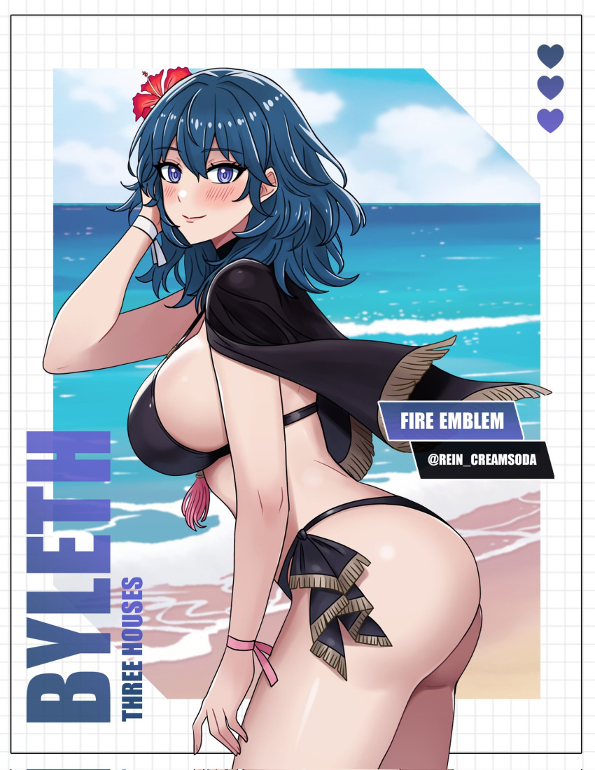 1girl alluring ass big_breasts bikini blue_eyes byleth_(fire_emblem) byleth_(fire_emblem)_(female) byleth_(summer)_(fire_emblem)_(female) female_only fire_emblem fire_emblem:_three_houses fire_emblem_heroes nintendo pin_up rein_creamsoda sideboob teal_hair