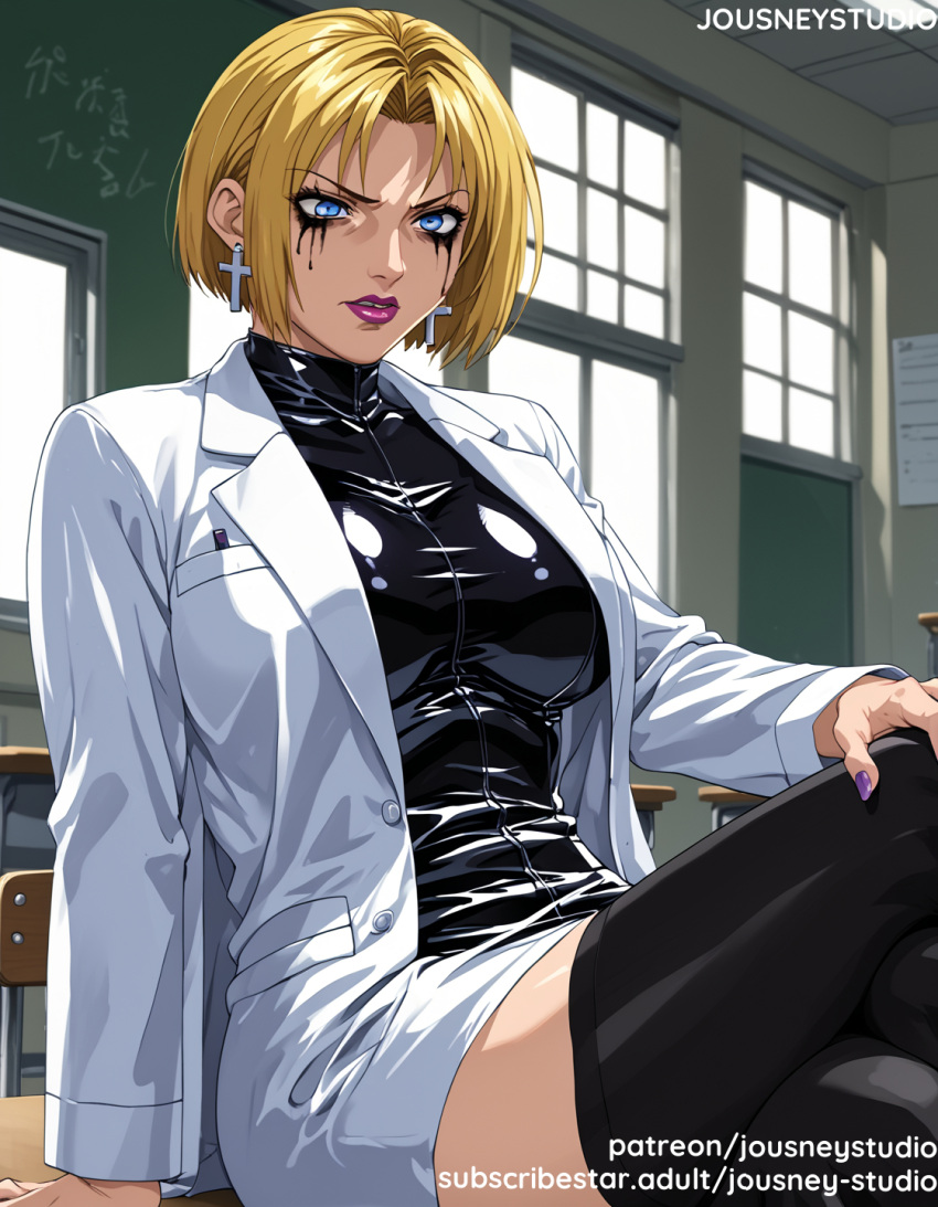 1girl 1girl 1girl ai_generated android_18 bangs bible_black big_breasts black_bodysuit black_legwear black_thighhighs blonde_hair blue_eyes breasts chair chalkboard classroom clothing cross cross_earrings crossed_legs desk dress earrings female_only indoors jacket jewelry jousneystudio kitami_reika labcoat latex legwear lips lipstick long_sleeves looking_at_viewer makeup mole nail_polish on_desk open_clothes parted_lips pencil_skirt purple_nails red_lips shirt short_hair sitting skirt stockings thighs white_shirt window