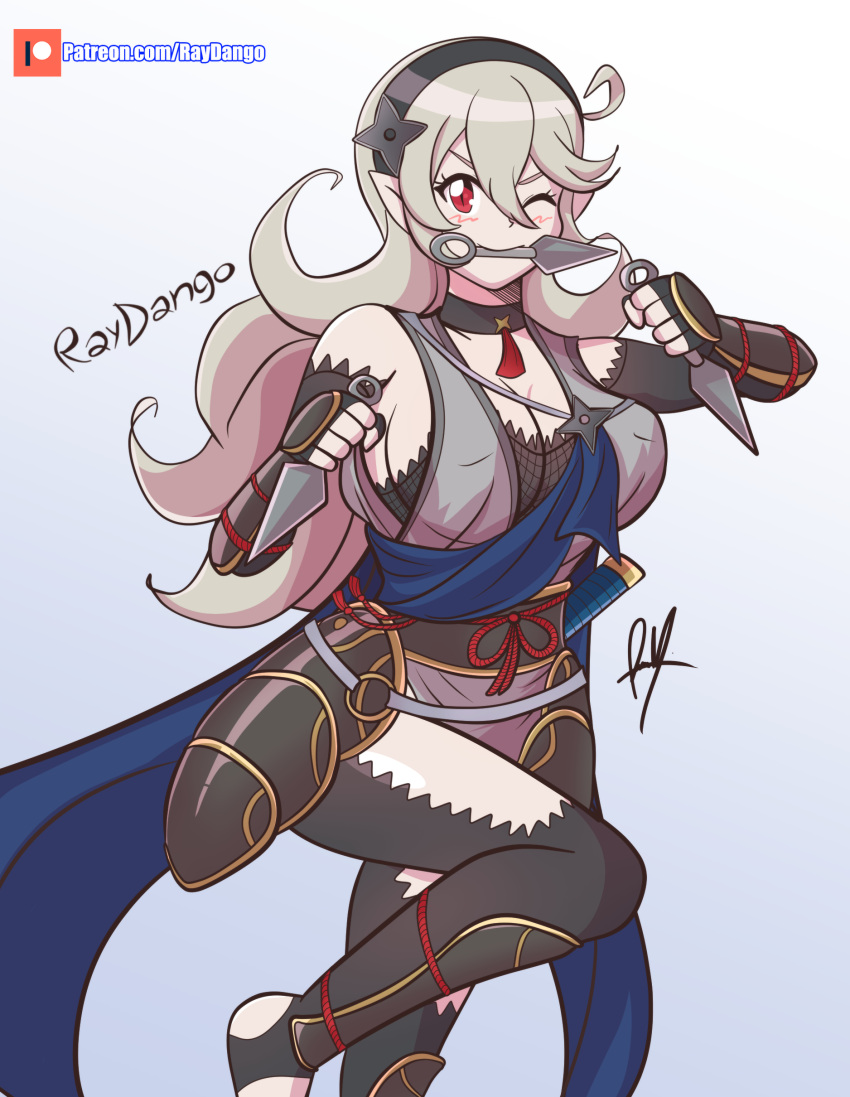 1girl 1girl 1girl ;) alluring alternate_costume bare_thighs big_breasts cleavage corrin_(fire_emblem) corrin_(fire_emblem)_(female) corrin_(ninja)_(fire_emblem)_(female) elbow_gloves fingerless_gloves fire_emblem fire_emblem_fates fire_emblem_heroes gloves grey_hair inner_thighs knife long_hair looking_at_viewer ninja nintendo official_alternate_costume raydango red_eyes sideboob smile thighs weapon weapon_in_mouth wink