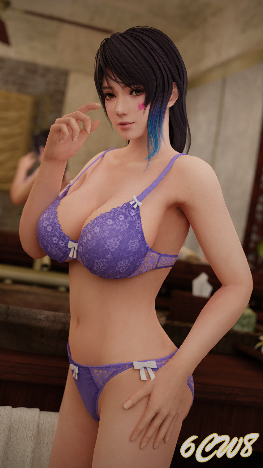 1girl 6cw8 alluring amber_eyes big_breasts black_and_blue_hair bra cleavage dead_or_alive dead_or_alive_xtreme_venus_vacation lingerie panties pin_up shandy_(doa) tecmo underwear