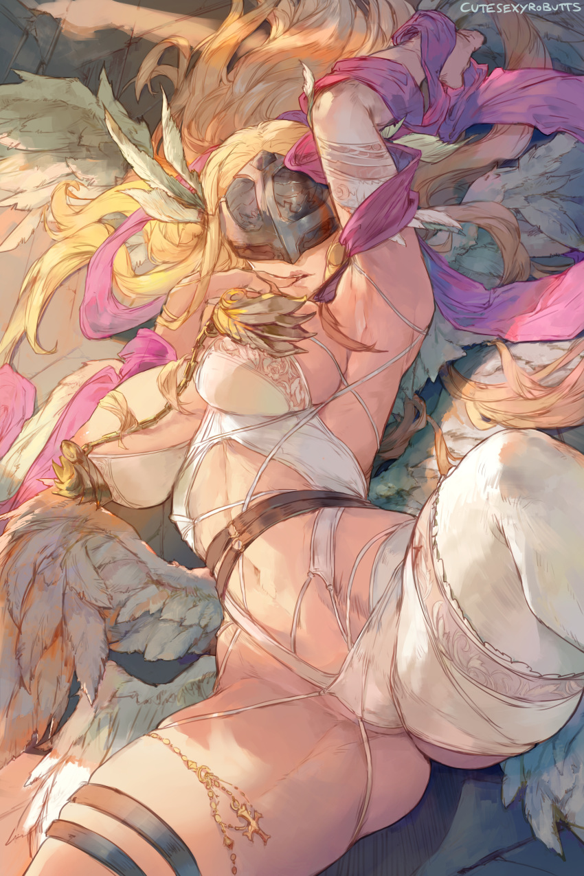 1girl angewomon big_breasts blonde_hair bubble_butt cleavage cutesexyrobutts digimon digimon_(species) digimon_adventure horny inviting_to_sex leg_lift legs_up looking_at_viewer missionary_position pose spread_legs teasing thick_thighs