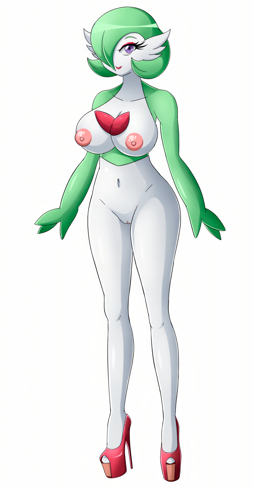 1girl big_ass big_breasts cute gardevoir green_hair green_skin platform_shoes satosatori seductive sexy short_hair white_skin