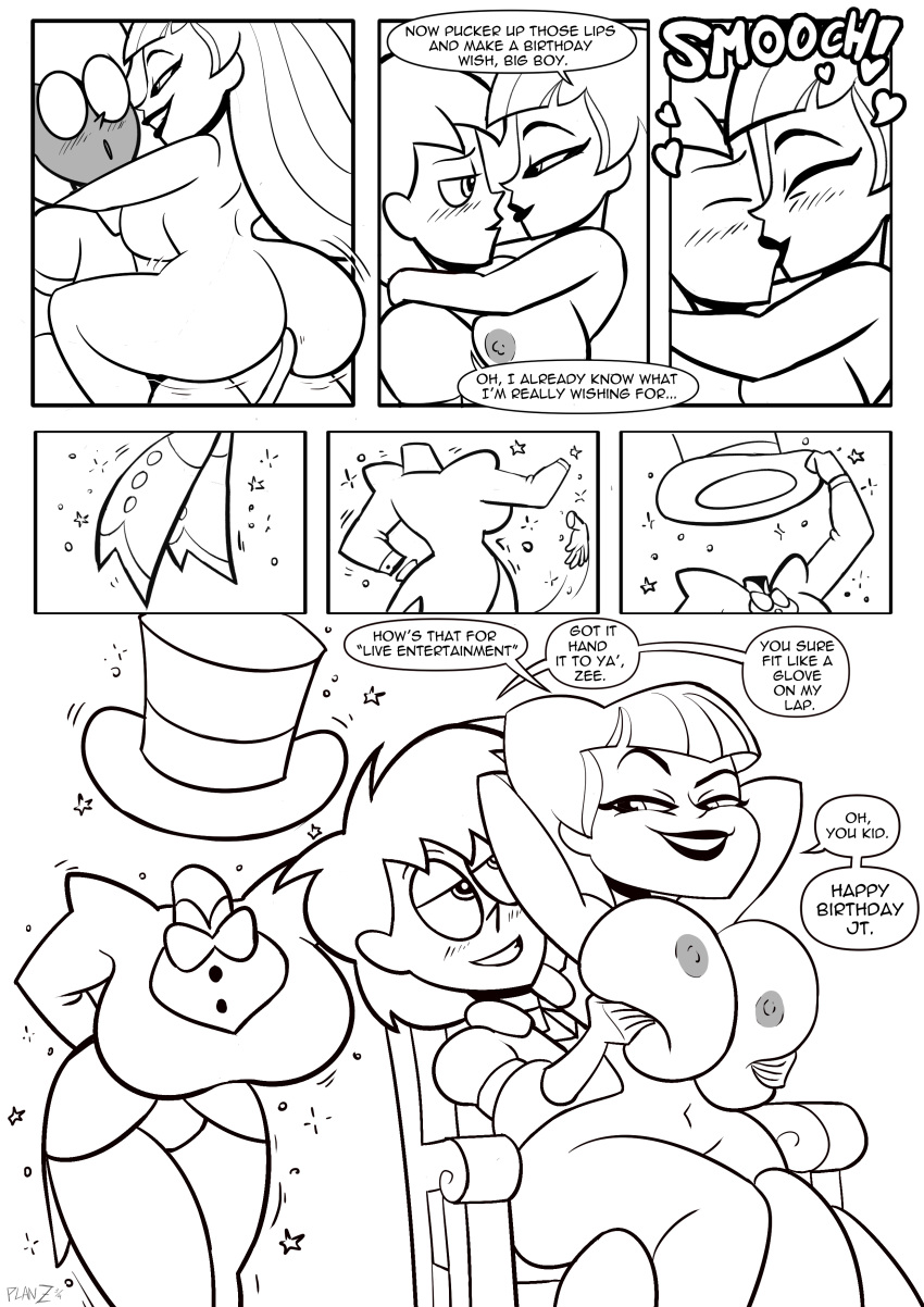 1boy 1boy1girl 1girls big_breasts breasts bulge censored comic dc_comics dc_comics dc_super_hero_girls dialogue english_text erection kissing line_art magic magic_wand magician_hat monochrome original_character planz34 pussy self_ smooth_skin speech_bubble straight thick_thighs top_hat undressing wide_hips zatanna zatanna_zatara zee_zatara