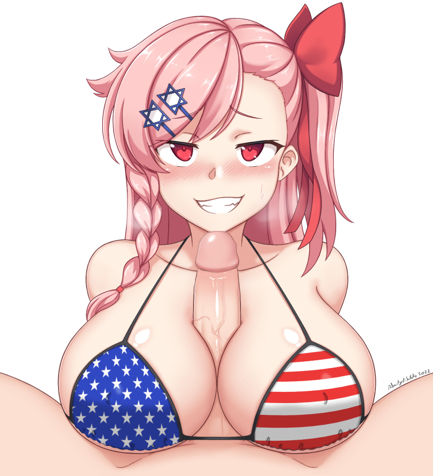 1boy 1girls abridged-satoko american_flag american_flag_bikini big_breasts breasts clothed_paizuri country girls'_frontline grin human human_only humanoid_penis jewish jewish_female light-skinned_female light-skinned_male light_skin looking_at_viewer negev_(girls_frontline) paizuri paizuri_under_clothes smile smiling_at_viewer smug source_request star_of_david titfuck_under_clothes white_penis