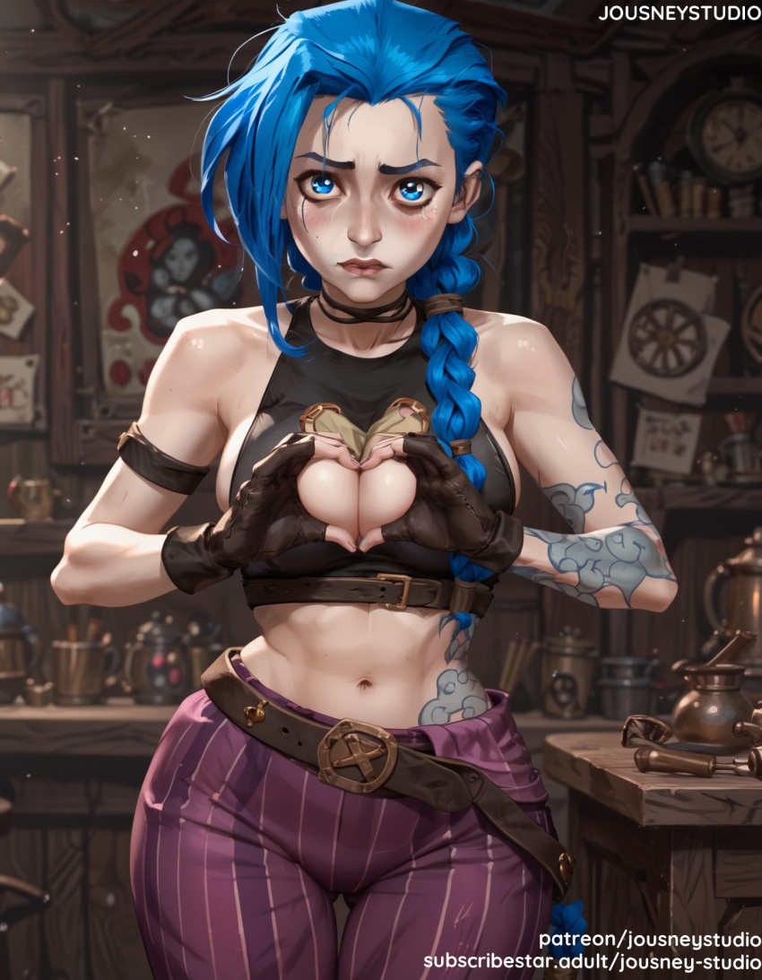 1girl 1girl 1girl ai_generated arcane arcane:_league_of_legends arcane_jinx arm_tattoo bangs bare_shoulders belt big_breasts black_choker black_gloves blue_eyes blue_hair blush braid breasts choker clavicle cleavage closed_mouth clothing crop_top earrings female_only fingerless_gloves freckles gloves heart heart_hands holding indoors jewelry jinx jinx_(league_of_legends) jousneystudio league_of_legends lips long_hair looking_at_viewer makeup medium_breasts midriff navel pants parted_lips ponytail shirt shoulder_tattoo smile standing stomach striped tattoo thigh_gap thighs tied_hair twin_braids