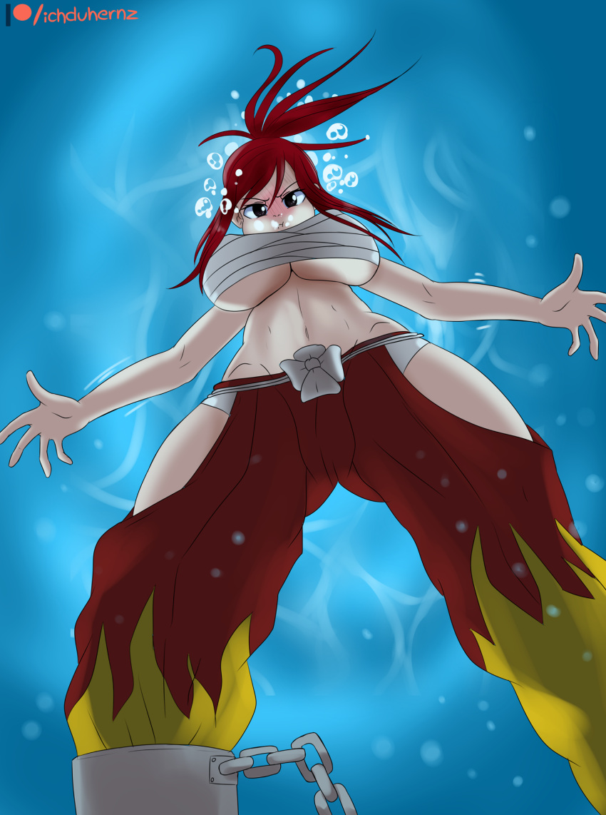 1girl air_bubbles asphyxiation black_eyes breasts bubbles chained clothed drowning erza_scarlet fairy_tail female from_below holding_breath huge_breasts ichduhernz looking_at_viewer looking_down looking_down_at_viewer navel panties pants peril puffed_cheeks red_hair solo under_boob underwater underwater_peril underwear water white_panties white_underwear wrappings