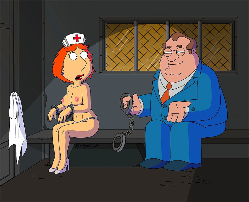 blackzacek breasts erect_nipples family_guy handcuffs high_heels lois_griffin nurse_cap thighs thong