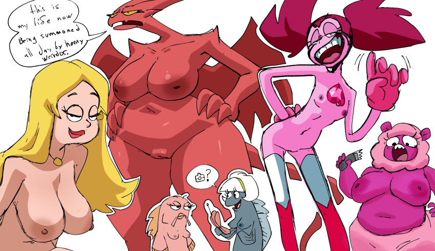 6girls american_dad background_characters big_breasts blonde_hair centaurworld coolerinker crossover demon doodle english_text francine_smith gem_(species) high_res incidental_14 incidental_7 inker_comics inkershike looking_at_viewer lucia_(satina) multiple_girls nipples pink_skin red_skin satina simple_background size_difference small_breasts speech_bubble spinel_(steven_universe) spongebob_squarepants steven_universe wammawink