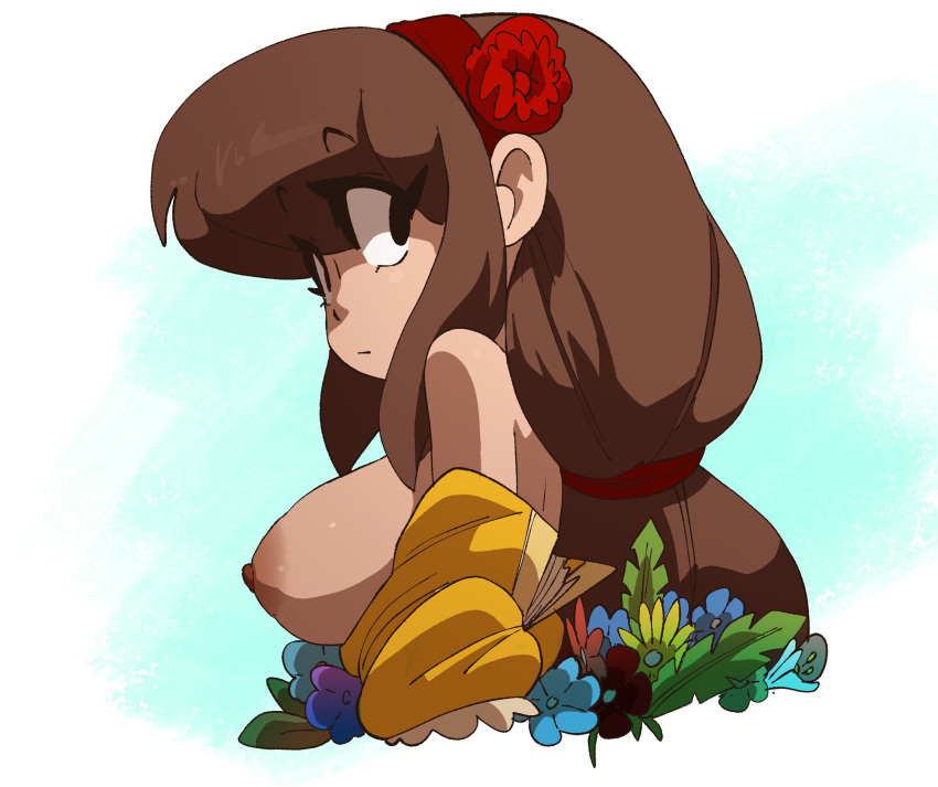 big_breasts brown_hair coolerinker flower_in_hair flowers headband inker_comics inkershike long_hair mona_(inker_comics) nipples side_view sideboob yellow_dress